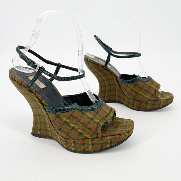 Prada Fall 2004 Green Plaid Wool Croc Trim Sculptural Wedge Sandals IT 38.5 - Picture 1 of 12